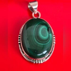 Oval Natural Malachite 19x28mm 925 Sterling Silver Pendant